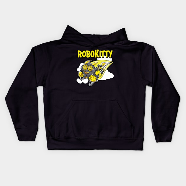 Robo Kitty rocketing through the sky Kids Hoodie by eShirtLabs